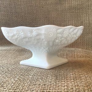 Vintage Milk Glass Floral Pedestal Bowl - Diamond Shape